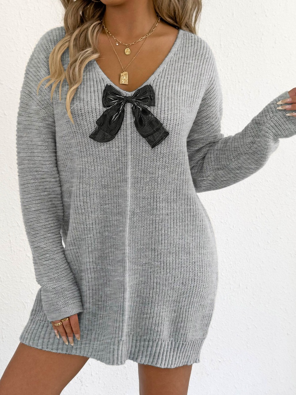 Bow Ribbed Knit Sweater Dress